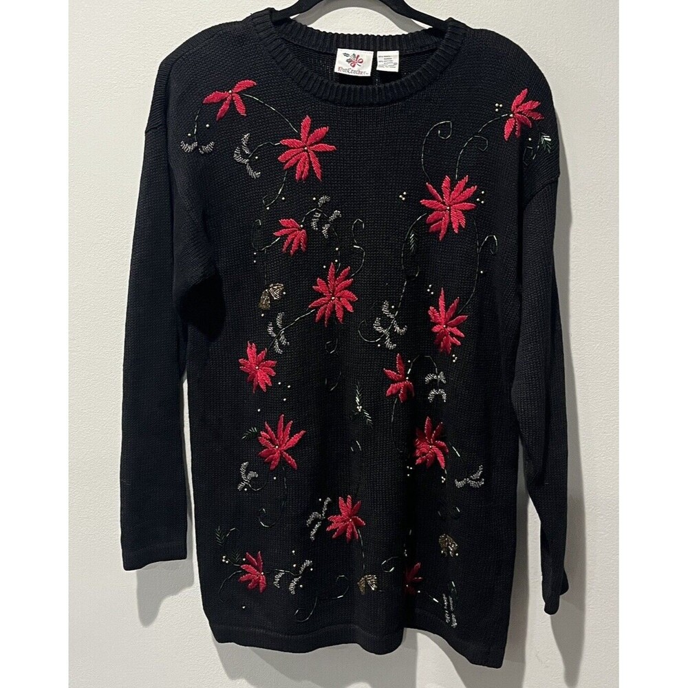Nutcracker Tunic Sweater Women's Medium Beaded‎ Poinsettia Holiday Black Dress